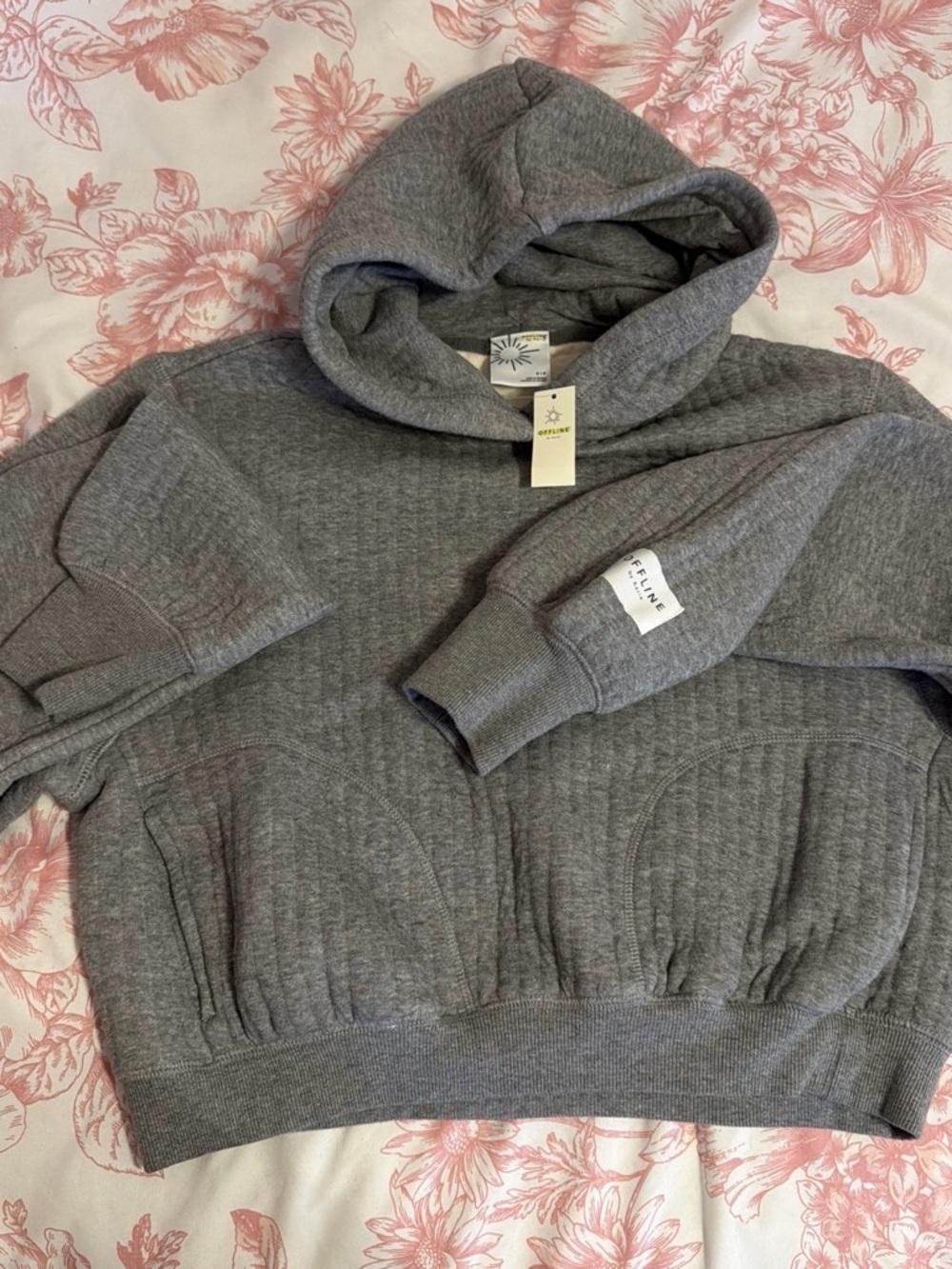 aerie Gray Quilted Crewneck Hoodie Sweatshirt